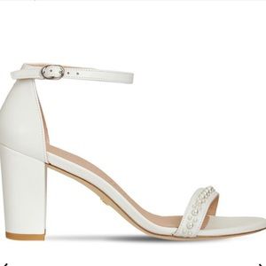 Stuart Weizman Nearly Nude Sandal in White with Pearl Detail
